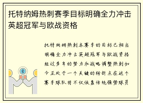 托特纳姆热刺赛季目标明确全力冲击英超冠军与欧战资格