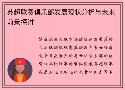 苏超联赛俱乐部发展现状分析与未来前景探讨