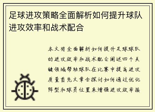 足球进攻策略全面解析如何提升球队进攻效率和战术配合