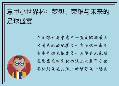 意甲小世界杯：梦想、荣耀与未来的足球盛宴