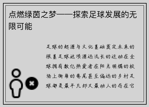 点燃绿茵之梦——探索足球发展的无限可能
