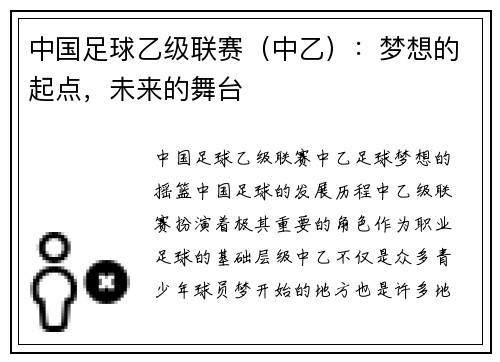 中国足球乙级联赛（中乙）：梦想的起点，未来的舞台