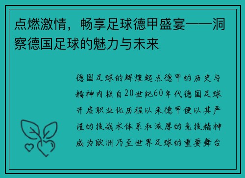 点燃激情，畅享足球德甲盛宴——洞察德国足球的魅力与未来